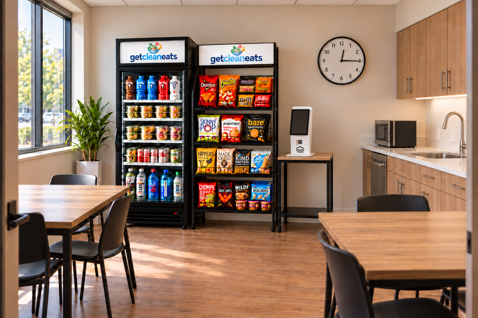 GetCleanEats cooler and snack rack in a small workplace break room with tables, a sink, microwave and analog wall clock